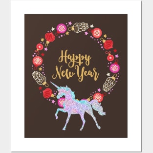 Sparkle Unicorn New Year Holiday Wreath Posters and Art